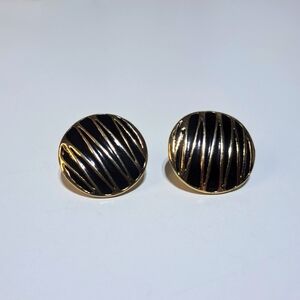 Vintage Retro Circle Round Gold Black Enamel Earrings Zig Zag